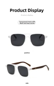 Detail of square polarized sunglasses with transparent frames and wood grain temples