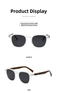 Detail of polarized sunglasses with clear resin frames and dark wood grain temples
