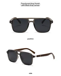 Detail view of transparent grey retro round sunglasses with wood grain temples and rivets