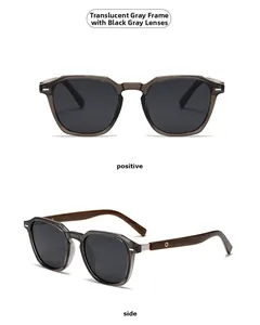 Detailed view of polarised sunglasses with transparent grey frame and wooden texture arms