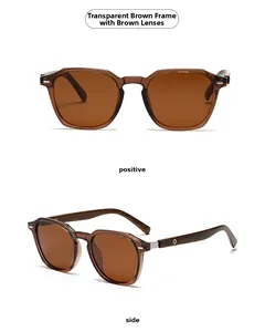 Detail view of transparent tea polarized sunglasses with dark wood grain temples