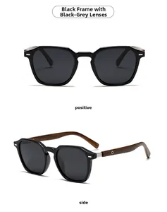 Detail view of round polarized sunglasses featuring black frames and wood grain temples