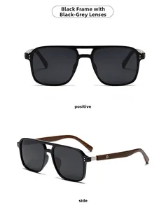 Detailed views of polarized round sunglasses with wood grain temples and double bridge design