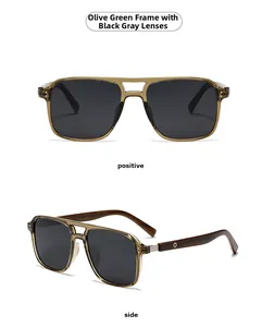 Olive green polarized sunglasses with dark wood-grain temples from front and side views