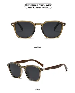 Detail view of olive green round polarized sunglasses with faux wood temples