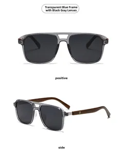 Detail of round polarized sunglasses featuring a blue frame and wood grain temples