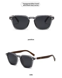 Detail of round polarized sunglasses with transparent blue frame and wooden style temples