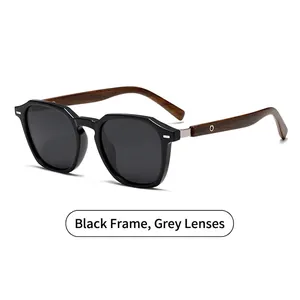 Classic round polarized sunglasses with black frames and natural wood temples on white background
