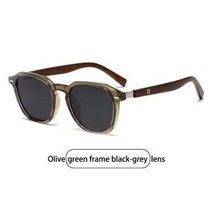 Polarized round sunglasses with olive green frames and dark wood texture temples