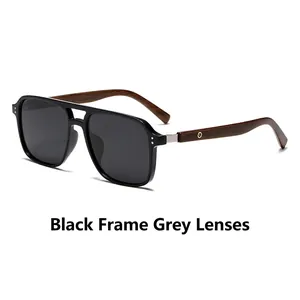 Classic polarized square sunglasses with black frame and wood grain temples in grey lenses