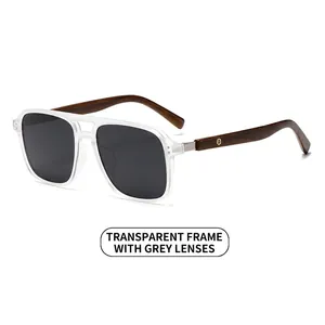 Classic round sunglasses with transparent frames and wood temples, 45-degree angle view