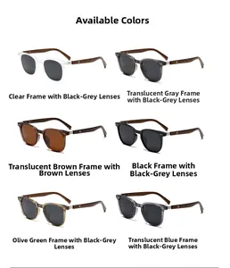 Detail showcasing six color variants of polarized round sunglasses with wood grain temples