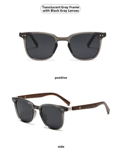 Front and side views of round polarized sunglasses with grey frames and wood grain temples