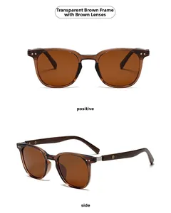Retro polarized sunglasses with transparent tea-colored frames and faux wood temples