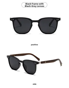 Polarized round sunglasses with black glossy frames and wood grain textured temples