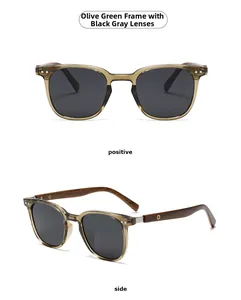 Polarized sunglasses with olive green frame and wooden texture temples in multiple angles