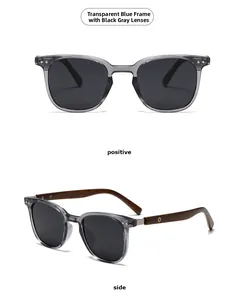 Detailed view of round polarized sunglasses with translucent blue frames and wood grain temples