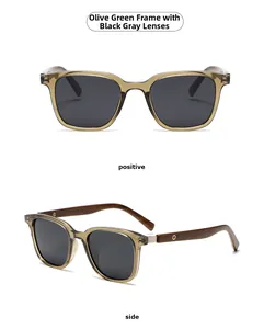 Detailansicht der runden olivgrünen Sonnenbrille mit dunklen Gläsern und Holzbügel-Textur
