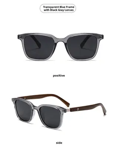 Detailansicht der runden Polarisationssonnenbrille mit blauem Rahmen und Holzbügeln