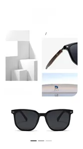 Detail view of thick black square sunglasses featuring textured dark wood temples