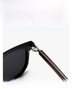 Detailed close-up of polarized round sunglasses with wood texture arms and metal hinges