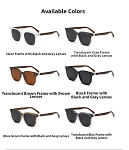 Close-up of polarized sunglasses showing six frame colors with wood grain temples