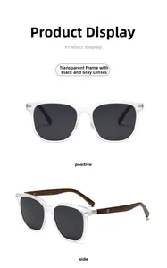 Front and side views of transparent polarized sunglasses with wood grain texture temples