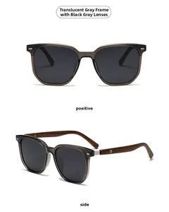 Detail view of transparent grey sunglasses with dark wood grain temples and metal dot accents