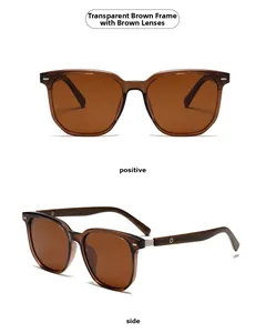 Front and side view of transparent tea brown round polarized sunglasses with wood grain temples