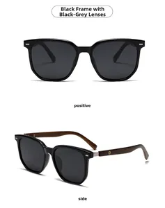 Close-up of polarized sunglasses featuring black frames and brown wood grain temples