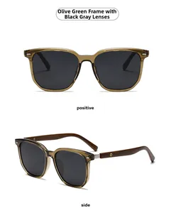 Front and side view of olive green round sunglasses with wood texture temples and rivets