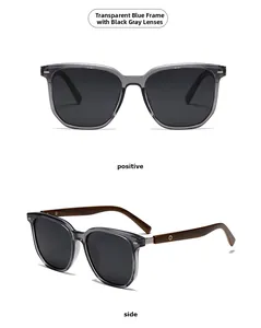 Detail of round sunglasses with blue transparent frame and wood grain textured temples