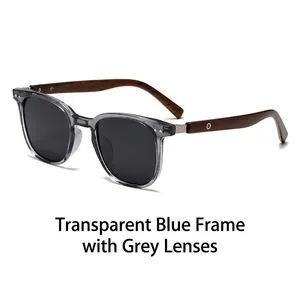 Polarized round sunglasses with transparent blue frame and wooden texture temples