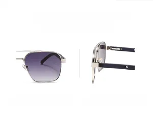 Detailed view of square metal frame sunglasses with purple gradient lenses and knurled edges