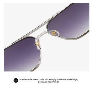 Close-up of comfortable silicone nose pads and silver metal frame of retro sunglasses