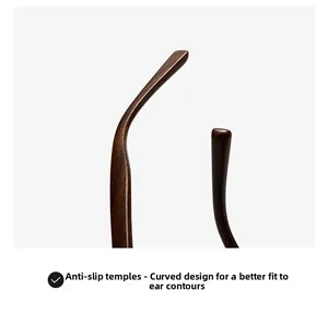 Detail of non-slip temples with dark wood grain texture and ergonomic curved lines