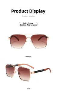 Front and side view of gold aviator sunglasses with gradient tea lenses and double bridge