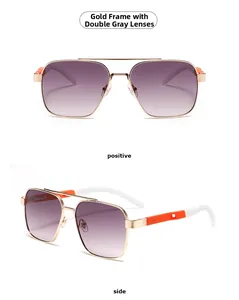 Detail view of gold metal sunglasses with grey gradient lenses and orange accented temples