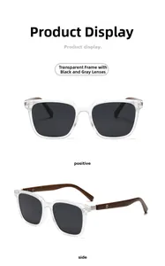Detail view of round polarized sunglasses with transparent frame and wood grain temples