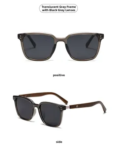 Detail view of round polarized sunglasses with transparent grey frame and wood grain temples