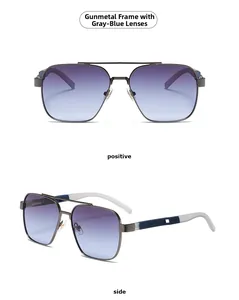 Detail view of gunmetal pilot sunglasses with blue gradient lenses and bicolor temples