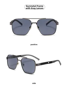 Front and side views of gunmetal metal square aviator sunglasses with grey polarized lenses