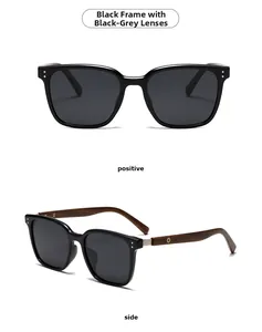 Polarized round sunglasses with black frames and wooden textured temples in dual views