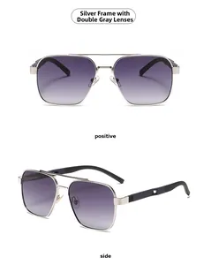 Front and side views of silver frame aviator sunglasses with double gray gradient lenses