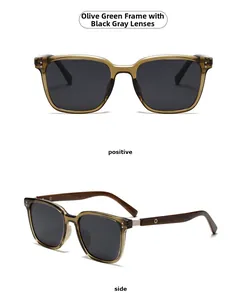 Olive green transparent polarized sunglasses with wood grain temples in positive and side view