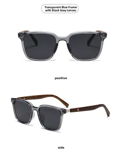 Front and side view of round polarized sunglasses with wood grain temples and metal decor