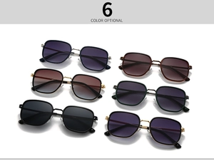 Detailed grid of metal frame sunglasses in six different lens colors and metallic finishes