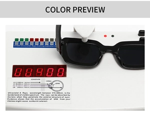 UV400 protection test showing high-performance shielding on black rectangle sunglasses