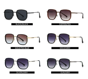 Multiple retro square sunglasses with metal bridges shown in various color combinations