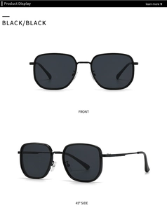 Front and 45-degree side view of modern retro black square sunglasses with dark lenses